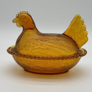 Amber Indiana Glass Hen on Nest Covered Dish Vintage Honey Gold